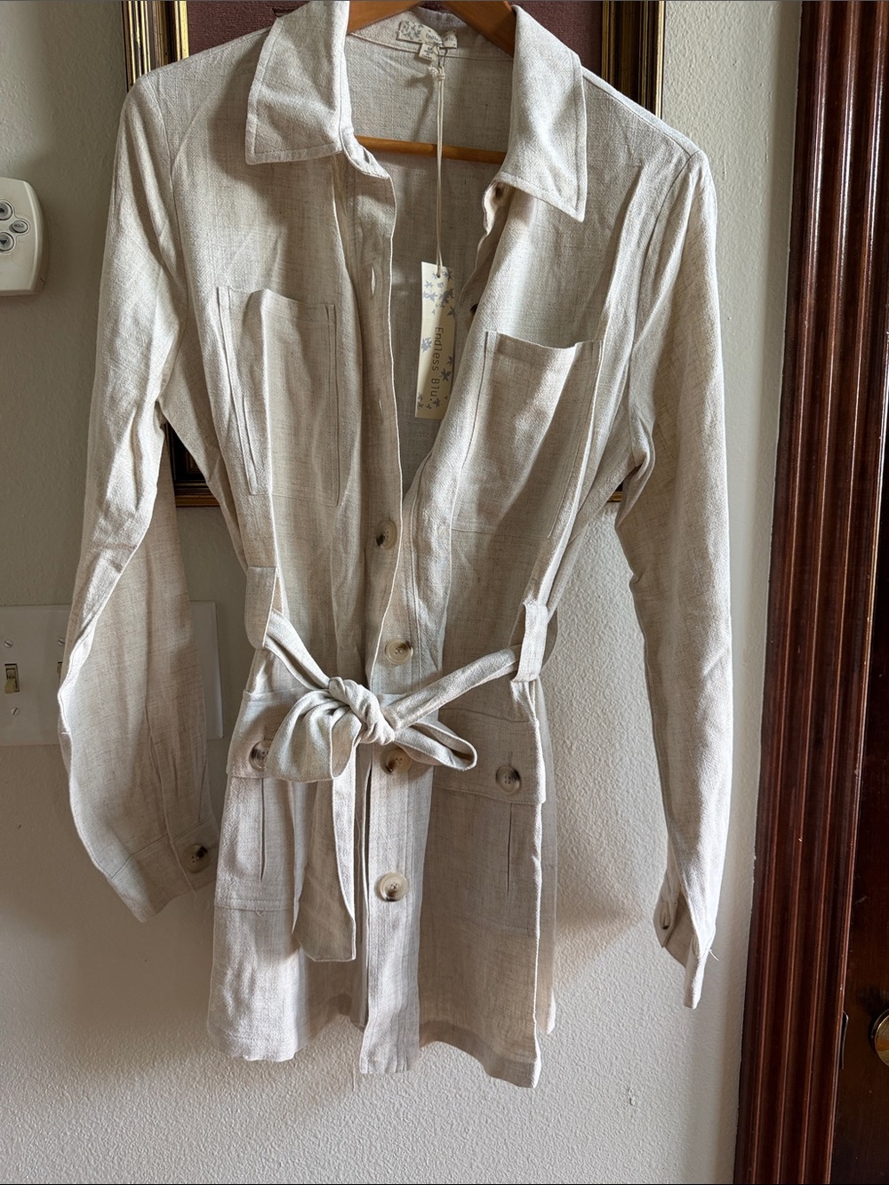 Endless Blu Tie-Waist Utility Jacket with Patch Pockets